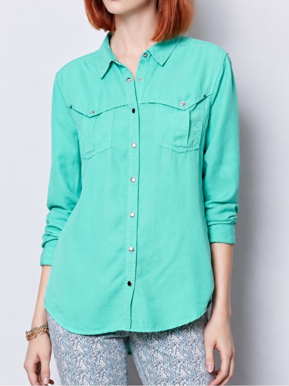 Anthropologie Holding Horses Mint Green Snap Western Top Preppy Boho Size 4